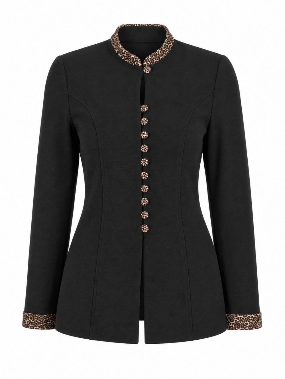Vintage Algo Black Tailored Leopard Trim Minimalist Button Down Women Shirt 12